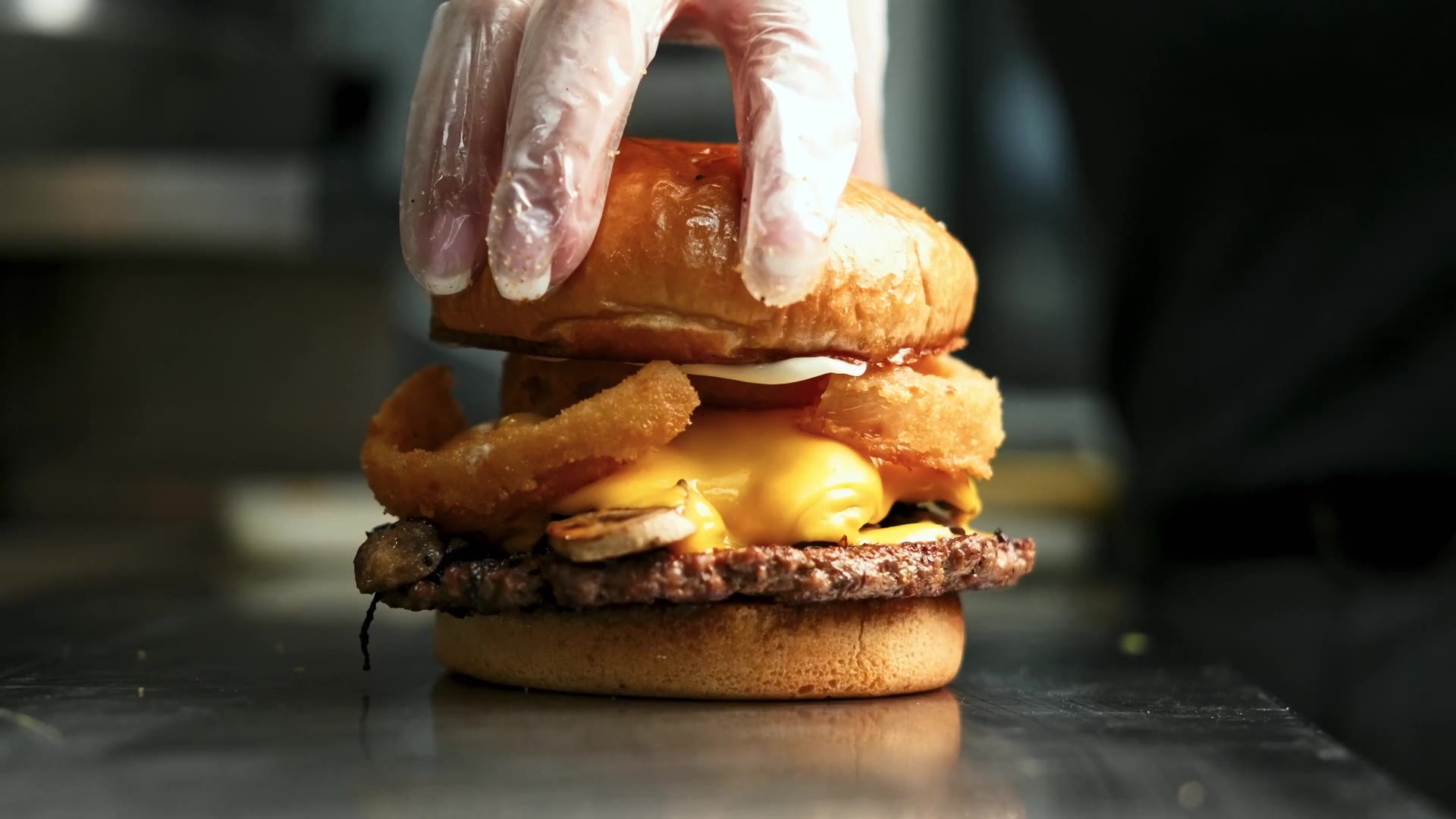 A burger being assembled for a Fatburger commercial filmed by C47