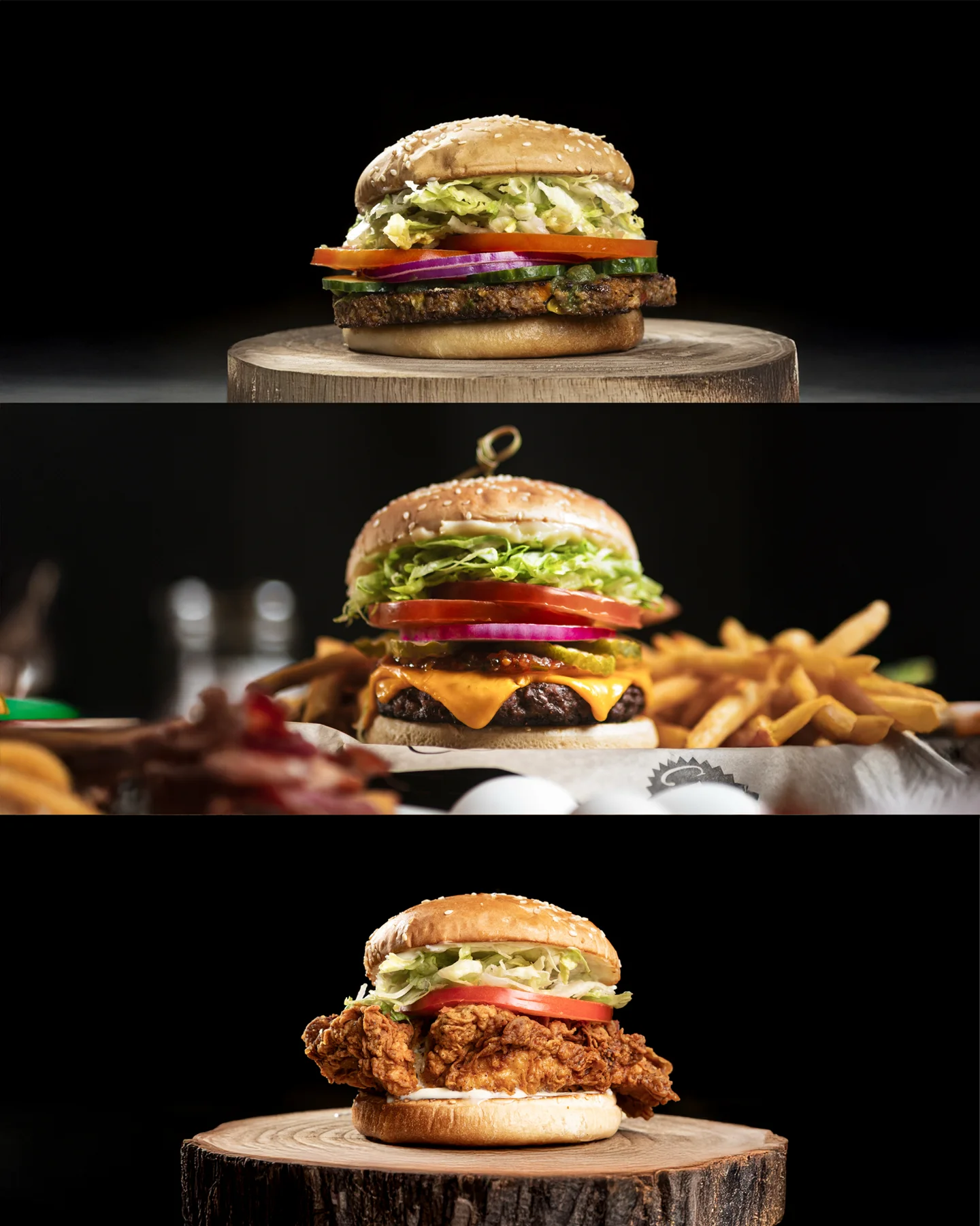 Restaurant burgers photographed for a menu