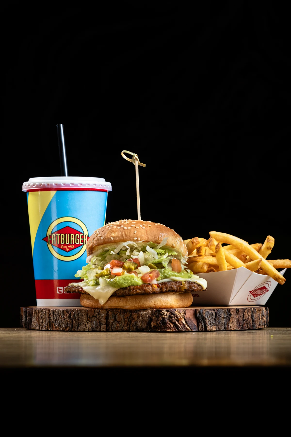 Fatburger burger meal photographed on a dark background