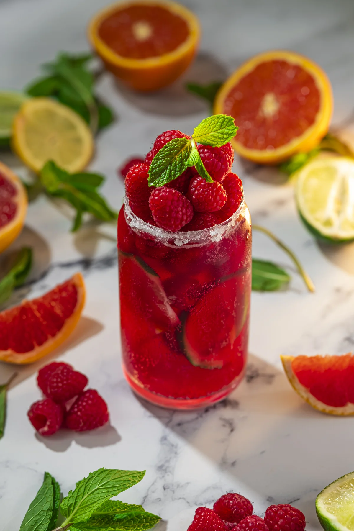 Raspberry drink styled with fresh berries and citrus