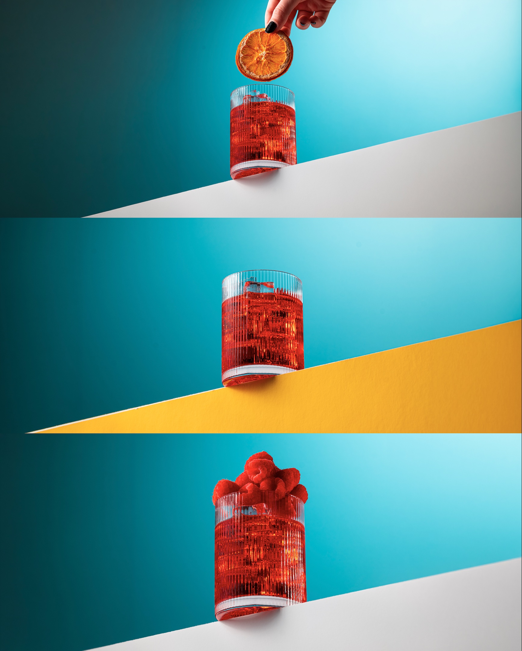 Three red drink photographs on turquoise backgrounds